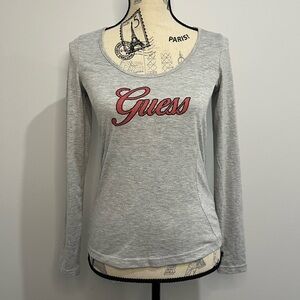 Y2K Guess Women's Long Sleeve Top in Gray with Red Logo